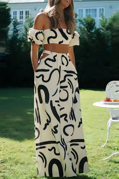 Two Piece Sets Fashion New Print Solid Color Puff Sleeve Zipper Breast Wrap Crop Top & Hollow Out Waist Big Hem Dress Suits Lady