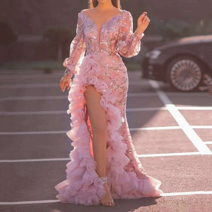 Women's Deep V-Neck Prom Dress Female Evening Gowns Long Sleeve Sequined Glitter Ruffles Split Maxi Dress Puffy Party Dress
