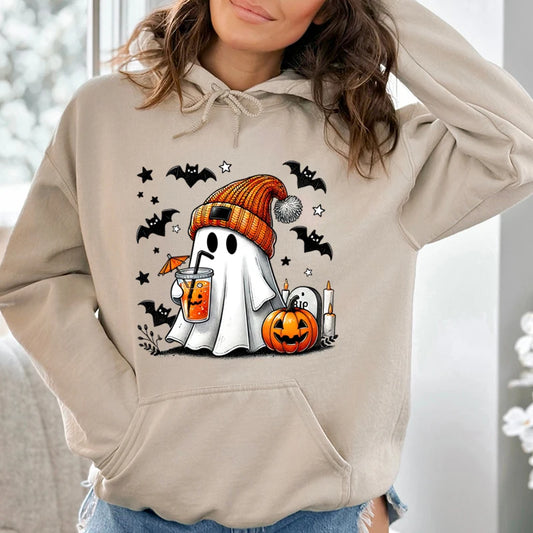 Halloween Ghost Pumpkin Bat Hoodies For Women Fashion Hooded Pullover Teens Casual Long Sleeves Halloween Sweatshirts