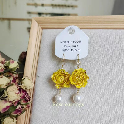 Unique Immortal Flower Earrings Elegant Natural Flower Pearl Drop Earrings Statement Jewelry Epoxy Resin Real Rose Earring 2024