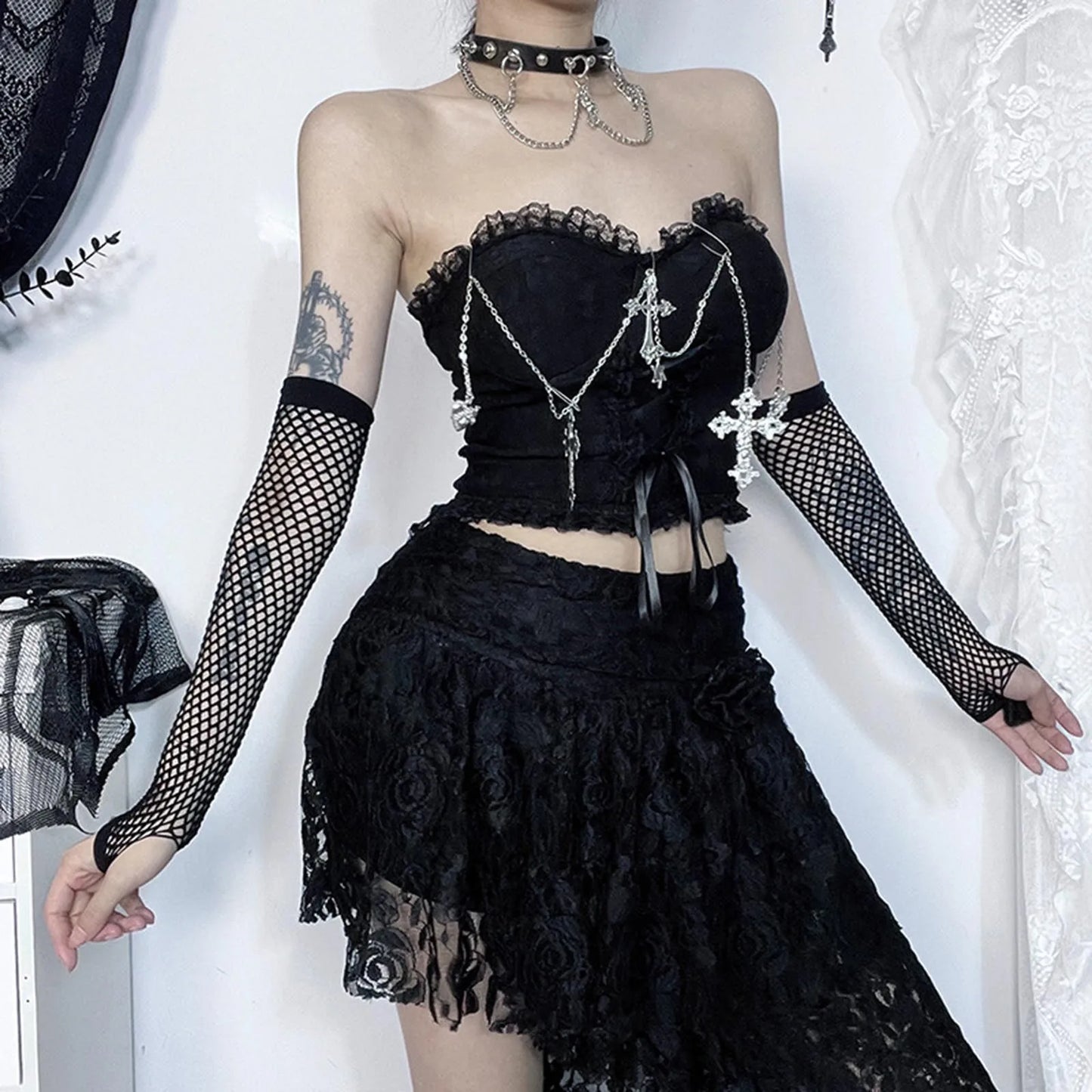 Gothic Cross Chain Crop Tube Top Women's Harajuku Lace Trim Strapless Tank Tops Y2K Clothes Punk E Girl Hippie Party Grunge Tops