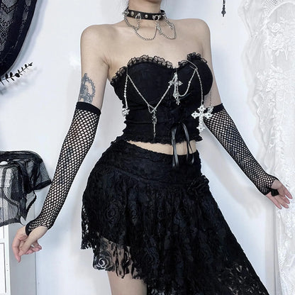 Gothic Cross Chain Crop Tube Top Women's Harajuku Lace Trim Strapless Tank Tops Y2K Clothes Punk E Girl Hippie Party Grunge Tops