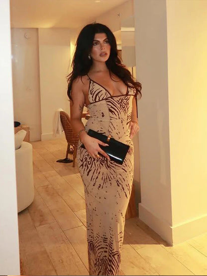 Weird Puss Tie-dye Print Dress Women Sexy Low-Neck Skinny Sleeveless Backless Skinny Vacation Beach Club Party Classic Vestidos