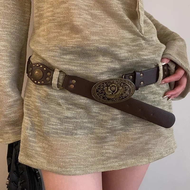 N Retro Ethnic Belt Y2K Bohemian Dress With a Wide Brown Belt