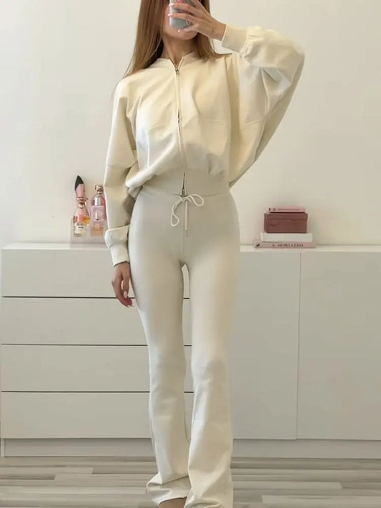 HH Women Casual Solid Coat Flared Pants Suits Long Sleeve Zipper Bomber Jackets 2025 New Fashion Lady Chic Outfit 2 Piece Set