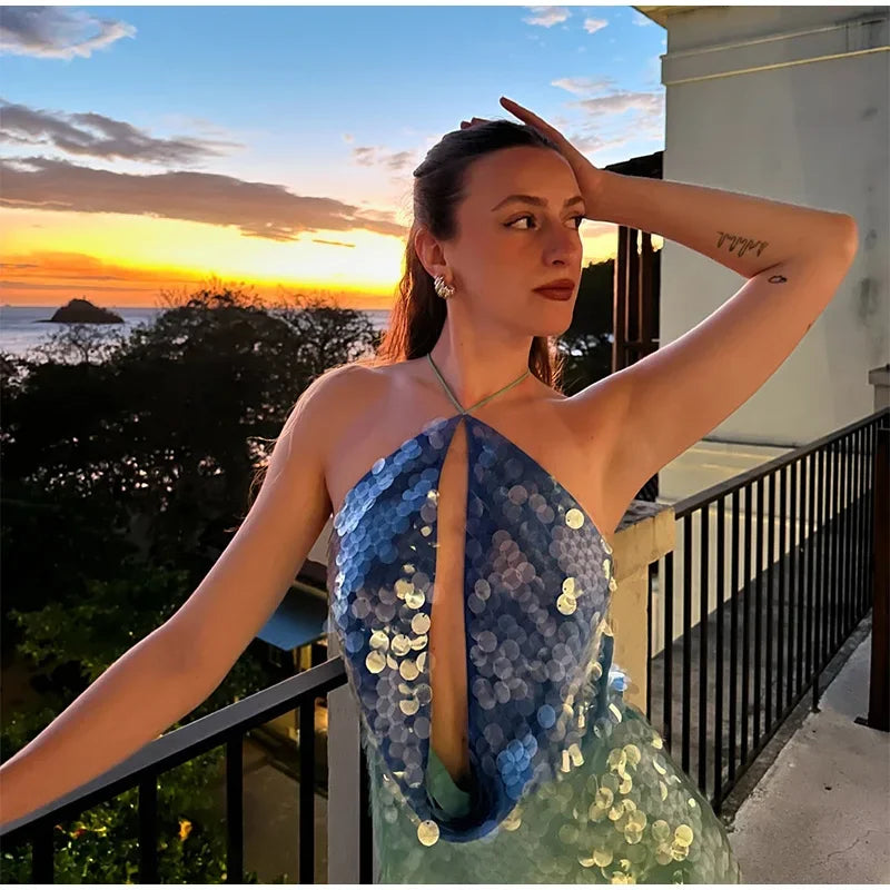 Sequins Halter Hollow Out Dress Women's Sexy Backless Sleeveless Contrast Color  Mini Dresses 2025 Summer New Lady Beach Robes