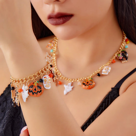 EtherealBe Halloween pumpkin necklace and bracelet set with colorful charms for festive style