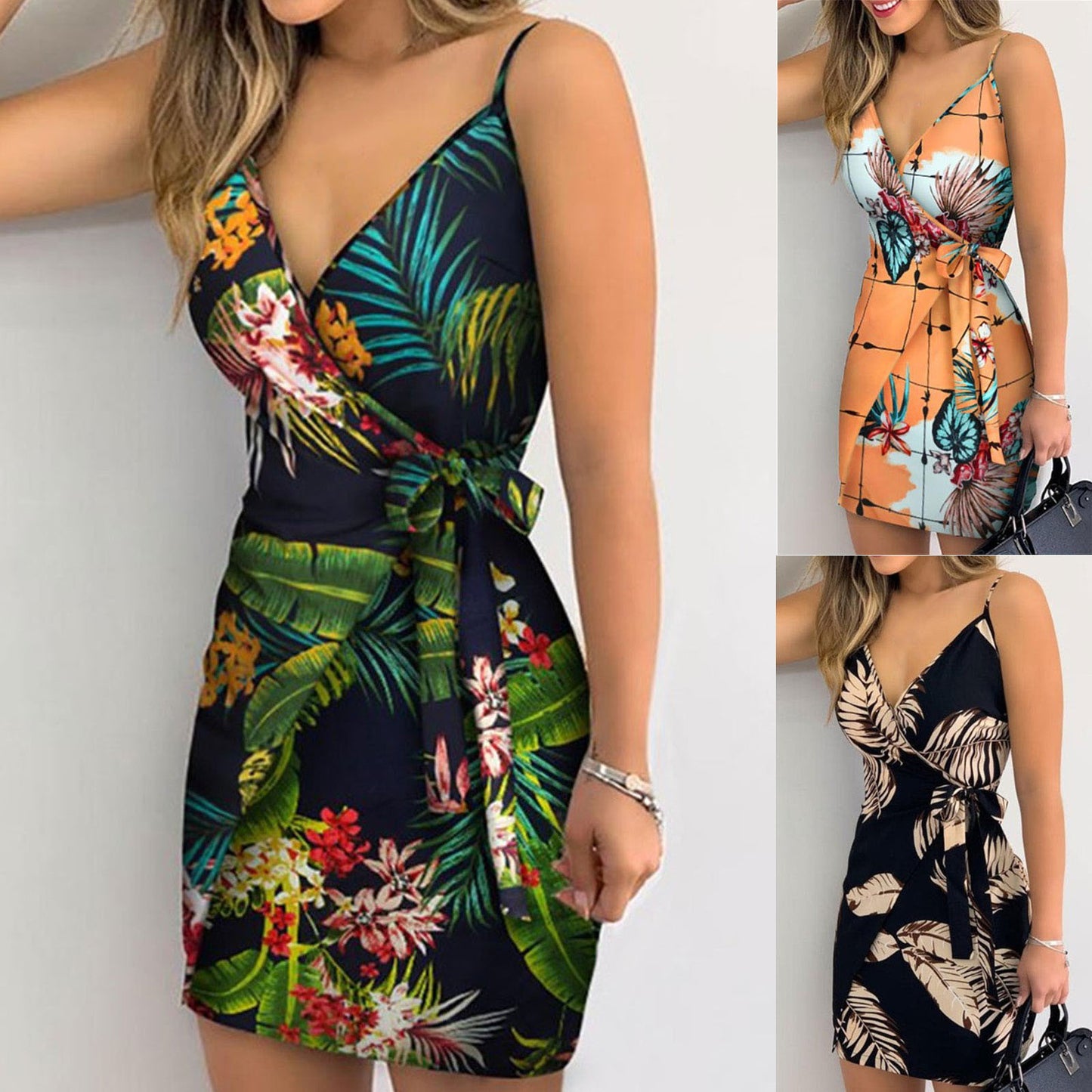 2023 New Sexy Suspender Dress Women Fashion Floral Printing Sleeveless V Neck Robe Summer Boho Tie Waist Dress Formal Dresses