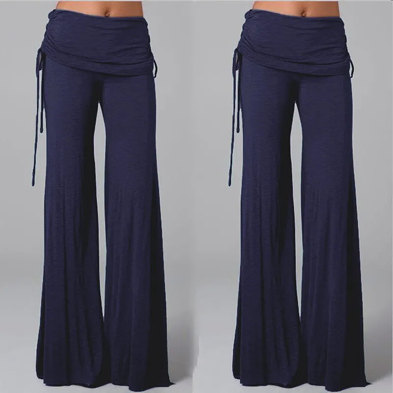 Navy blue women's medieval cosplay pants with a flowy design and adjustable drawstring waist