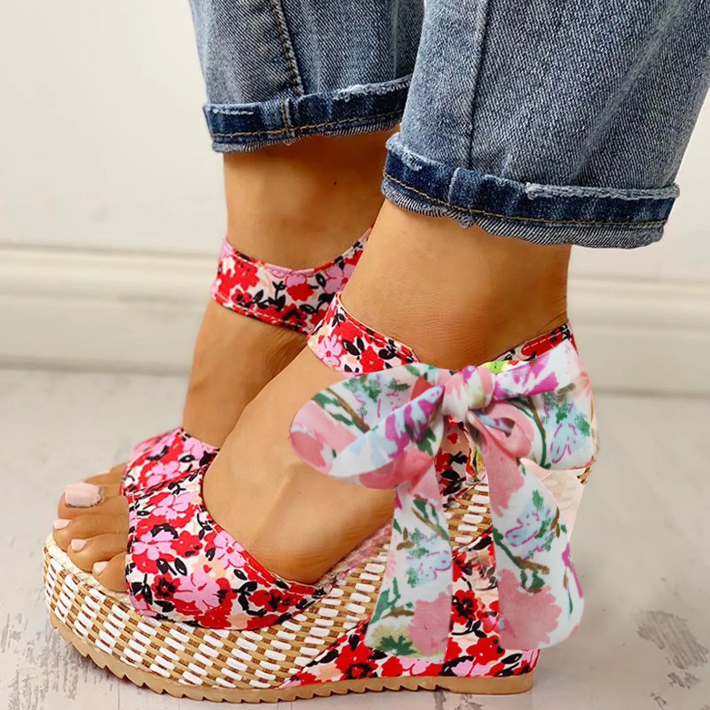 Heel Footwear Ladies Shoes Platform Floral Women's Lace-up Wedges Comfy Wedge Sandals For Women Dressy Sandals For Women
