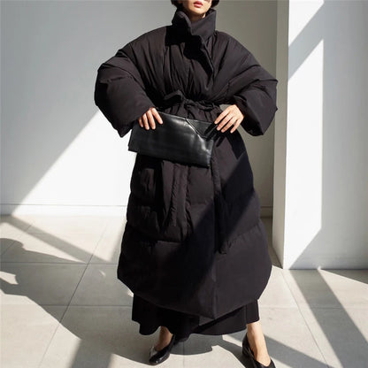 Winter New Stand Collar Long Down Jackets Loose Belt Long Sleeve Warm Coat Fashion Solid Cotton Padded Warm Down Overcoat Women