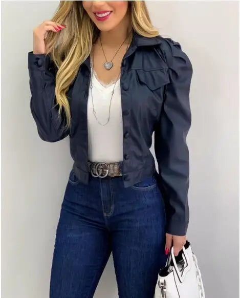 Women's Fashion Collar PU Leather Short Cardigan Jacket Fashionable Street Style Commuting Jacket Casual Versatile Wear