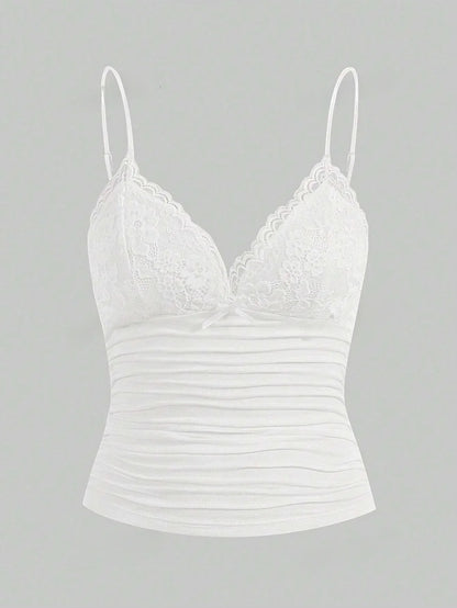 Sexy Contrast Lace Bow Front Crop Cami Top Women 2025 Summer Grunge Punk Y2K Clothes Ruched Skinny Backless Tee Shirt