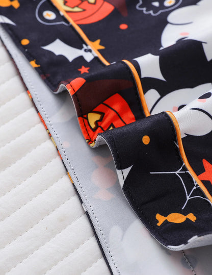 Women Halloween Pumpkin Bat Print Pajama Set,Breathable Lapel Loungewear Short-Sleeved Roll-Neck Shirt and Loose Shorts S-XXL