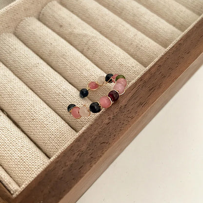 Natural Stone Rainbow Rings Fashion Retro Handmade Metal Wire Winding Beaded Open Adjustable Ring Female Charm Jewelry Gifts