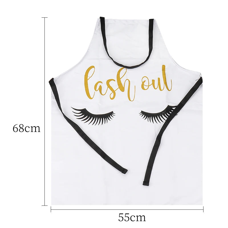 White makeup artist kitchen apron with gold text and eyelash graphic, 68cm x 55cm