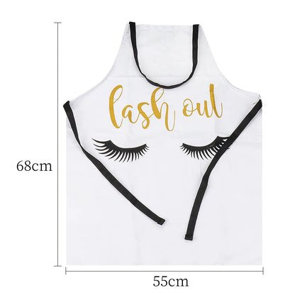 White makeup artist kitchen apron with gold text and eyelash graphic, 68cm x 55cm