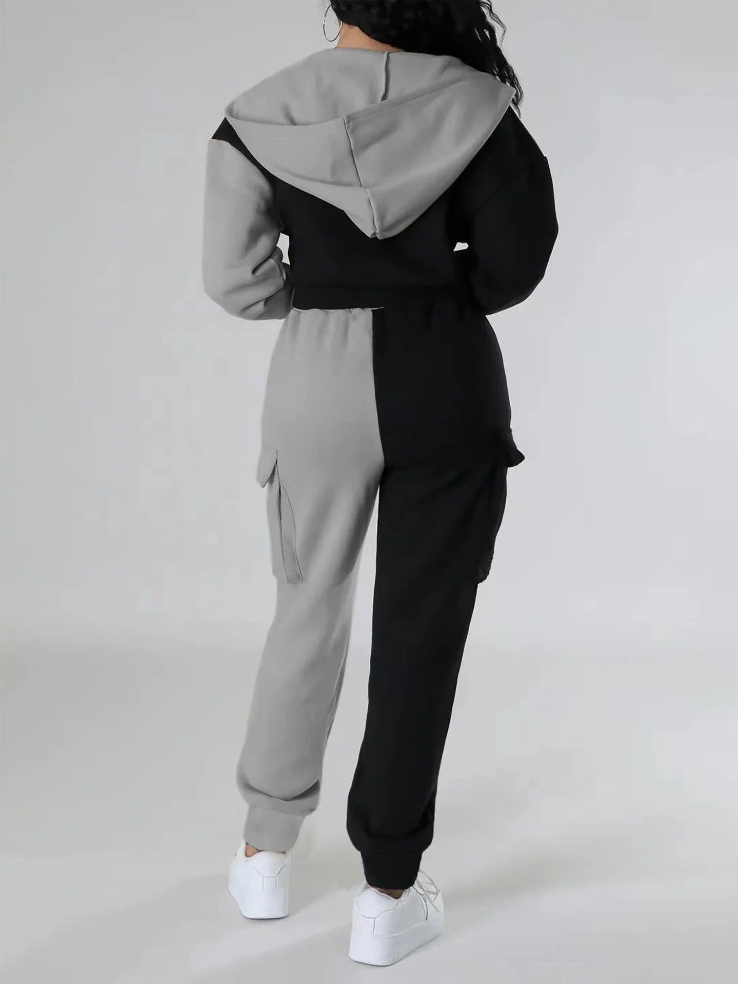 Women Loose Autumn Winter Two Pieces Suit Matching Sets Hoodie Tracksuit Blocked Zipper Short Outerwear Drawstring Cargo Pants