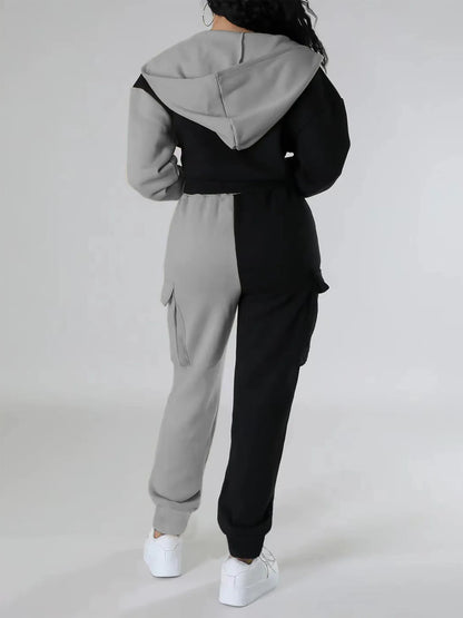 Women Loose Autumn Winter Two Pieces Suit Matching Sets Hoodie Tracksuit Blocked Zipper Short Outerwear Drawstring Cargo Pants