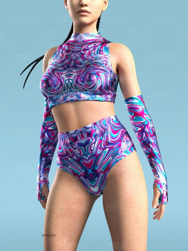 Adult Sleeveless Multicolor Role Play Bodysuit Swimsuit Women Sexy Hollow Off Shoulder Graffiti Art Bodycon Performance Costume