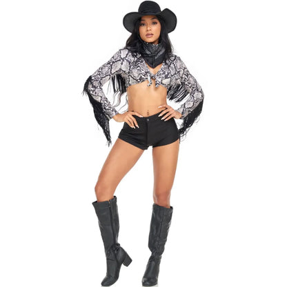 EtherealBe sexy cowboy costume for women featuring a snake print crop top, shorts, and a wide-brimmed hat
