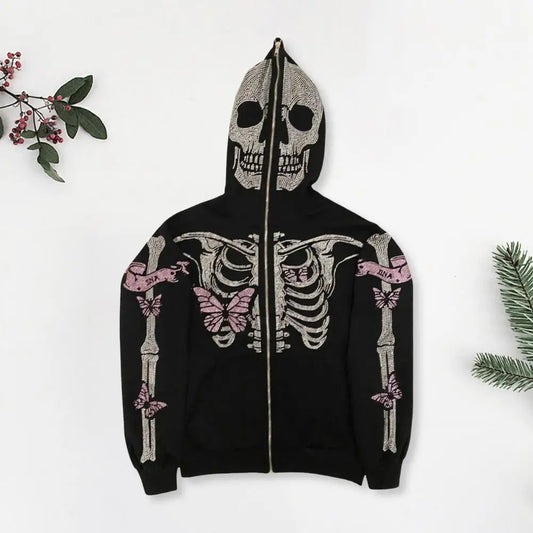 Unisex Hoodie Rhinestone Ghost Skeleton Halloween Hoodie with Zipper Closure Pockets for Unisex Party Cosplay Costume Fall