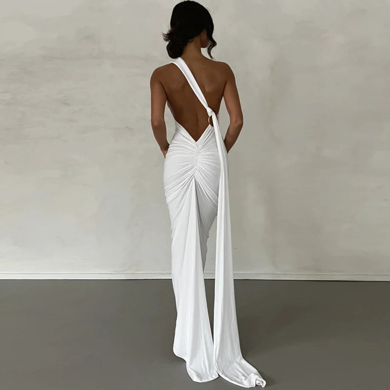 Hugcitar One Shoulder Backless Adjustable Scarf Loop Ruched Sexy Maxi Dress 2025 Women Elegant Y2K Streetwear Festival Outfit