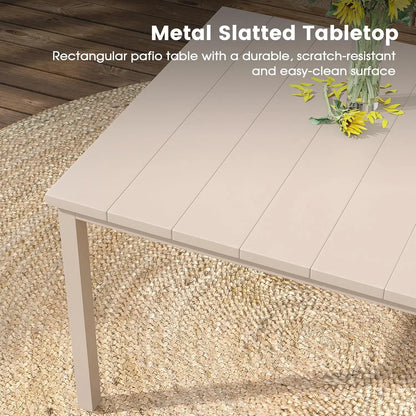 7-piece outdoor patio dining set, sand-shell rectangular metal dining table and 6 sand-shell stackable harness-top dining chairs