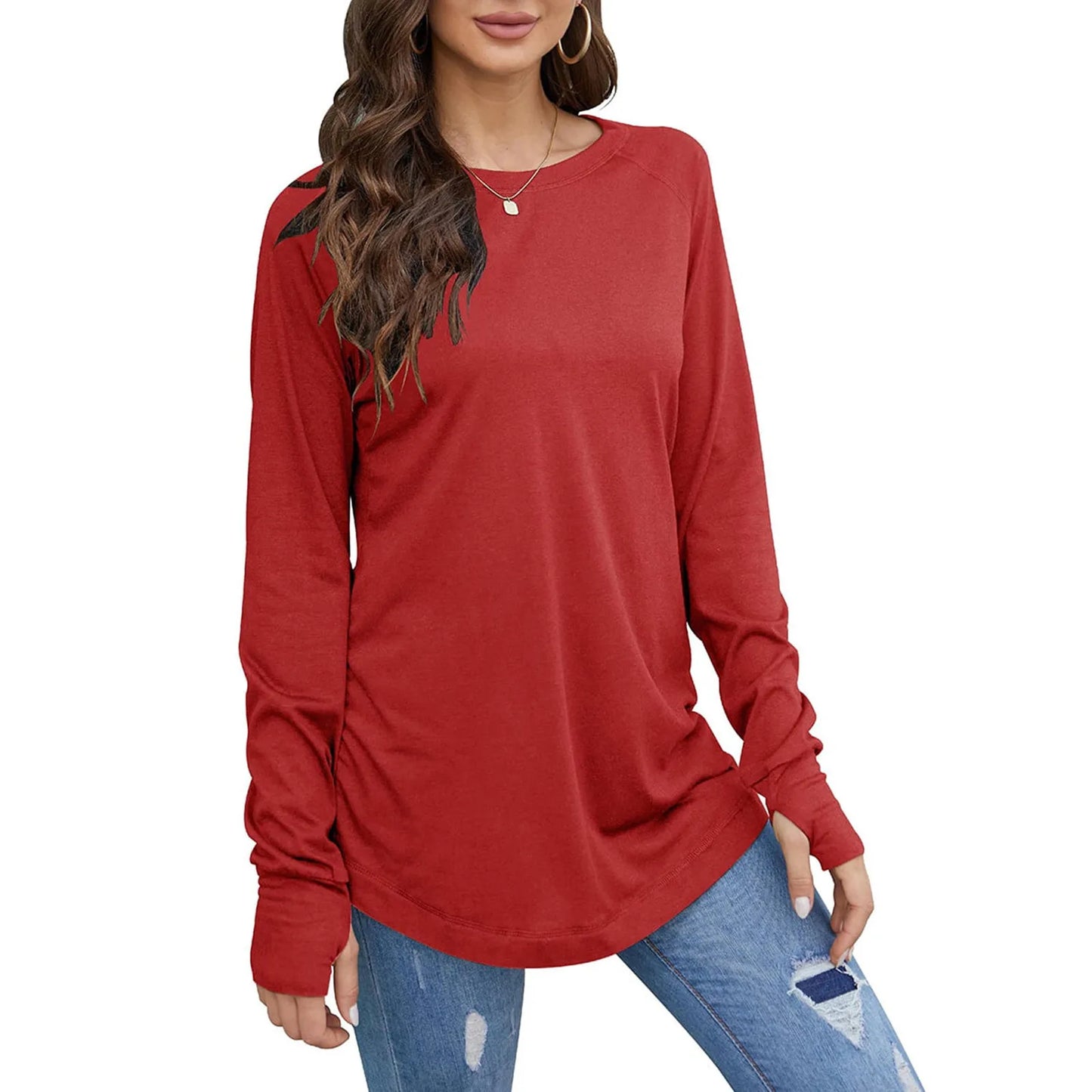 Women's Solid Round Neck Loose Long Sleeve Medium Length Leaky Thumb T-shirt Top