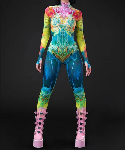 Cosplay Costume Female Woman Sexy Suit Color Element Blue Muscle Halloween Bodysuit Adults High-waisted Sports Jumpsuit