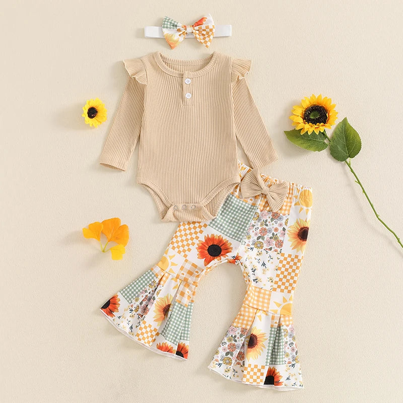 Newborn Baby Girl Clothes Rib Frill Long Sleeve Romper Daisy Flared Pants Headband Set 3pcs Fall Winter Outfits