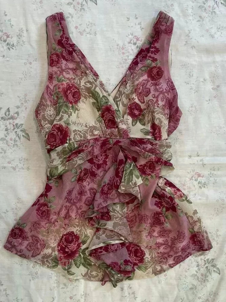 2025 Summer Woman Floral Halter Lace Blouse 2025 Vintage Sexy Slim Fit Fairy Korean Fashion Female Tops Outfits Elegant Style