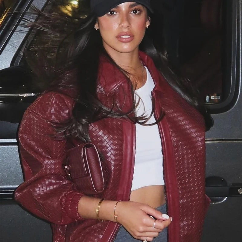 Dulzura 2025 Autumn Fashion Casual Turn-Down Collar Long Sleeve Zipper Slim Woven Leather Jacket Party Club Street Style Clothes