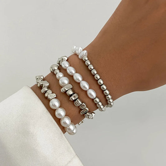 4pcs/set Fashion Bracelets For Women New Vintage Irregular CCB Beads Imitation Pearl Chain Jewelry Valentine's Gift B068
