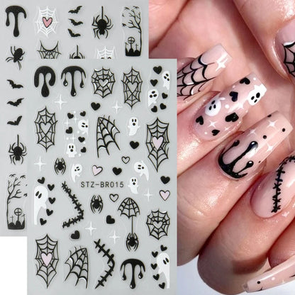 Spooky Halloween Stickers For Nails Cartoon Ghost Spider Web Heart Designs Spider Bat Adhesive Decals Holiday Manicure Supplies