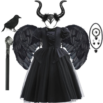 Halloween Costume For Kids Black Witch Dress Luxury Lace Sequin Evil Role Playing Costume Maleficent Dress Up Outfit Ghost Bride