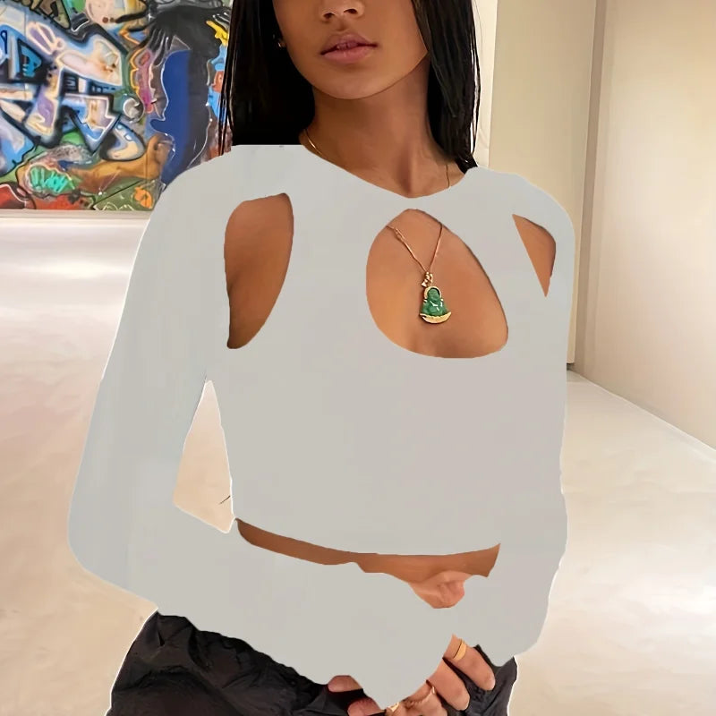Spring and Summer Europe and the United States Hot New Street Selling Pure Color Round-necked Long-sleeved Hollow Midriff Shor