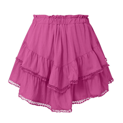 Women Flowy Ruffled Layered Shorts Elastic High Waist Pleated Mini Skirt Bohemian Crochet Skirt