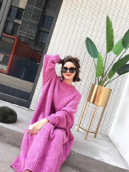 Winter Women Dress Fall Sweater Women Dress Long Sleeve Knitted Dresses Maxi Vintage Oversize Dresses Knitting Thick Warm Purple