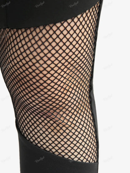 ROSEGAL Plus Size Women Elastic Waist Pants Black Gothic Fishnet Hollow Out Patchwork Buckle Grommet Skinny Pant Bottoms