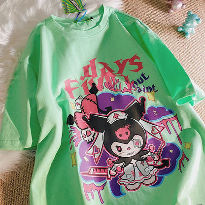 Sanrio Kuromi Summer 2023 Women's Clothes Japanese Fashion Y2k Short Sleeved White T-shirt Oversize Tops Young Girl Couples Tees