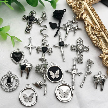 5Pcs Metal Alloy Charms Black Series Sweet and Cool Style Butterfly Cross Flower Shape Pendants Decorations For Jewelry Making