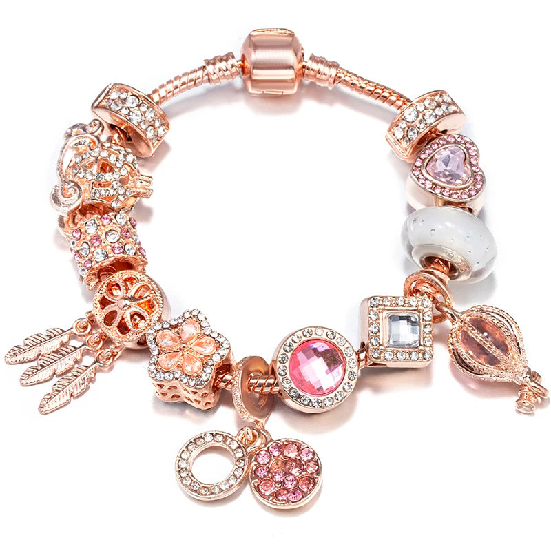 Spring Style Charms Bracelets For Women With Snake Chain Pink Daisy DIY Charms Beads Pendants Fashion Jewelry Dropshipping
