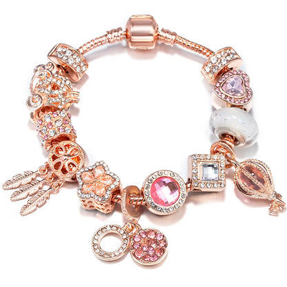 Spring Style Charms Bracelets For Women With Snake Chain Pink Daisy DIY Charms Beads Pendants Fashion Jewelry Dropshipping