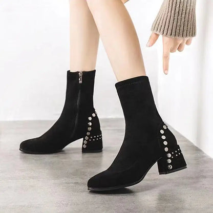 Mid Calf Round Toe Black Shoes For Women Ladies Boots Biker Footwear Studded Half High Gothic Hot Stylish And Low Price Pu