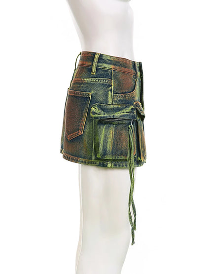 DEAT Women's Denim Skirts Tie-dye Green Irregular Spliced Multiple Pockets Cargo Mini Skirt 2025 Summer New Fashion 29L3411