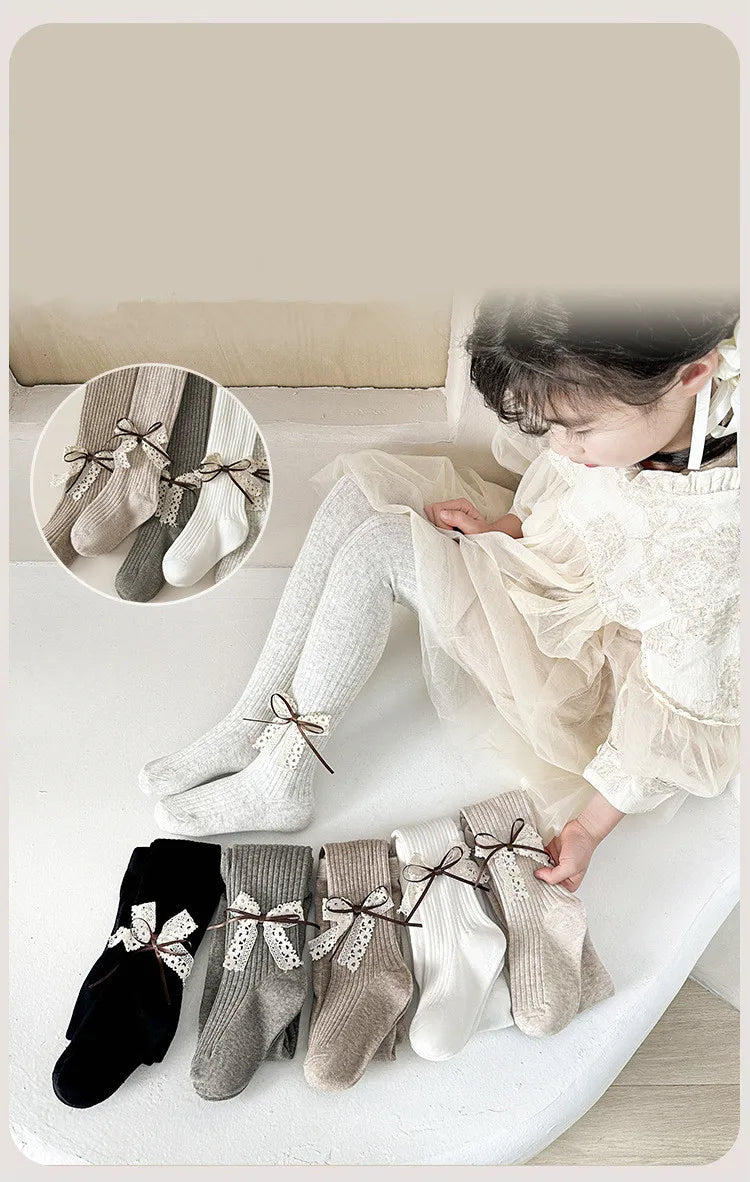 Children Cotton Tights Girls Cute Princess Bowknot Pantyhose Kids Stocking Baby Girls One-Piece Pantyhose Infant Knitted Tights