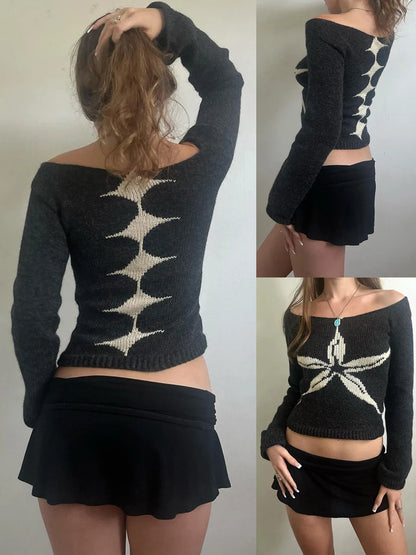 Women's Knit Tops Off Shoulder Slim Sweater Graphic Print Long Sleeve Knitwear Spring Fall Y2K Aesthetic Streetwear