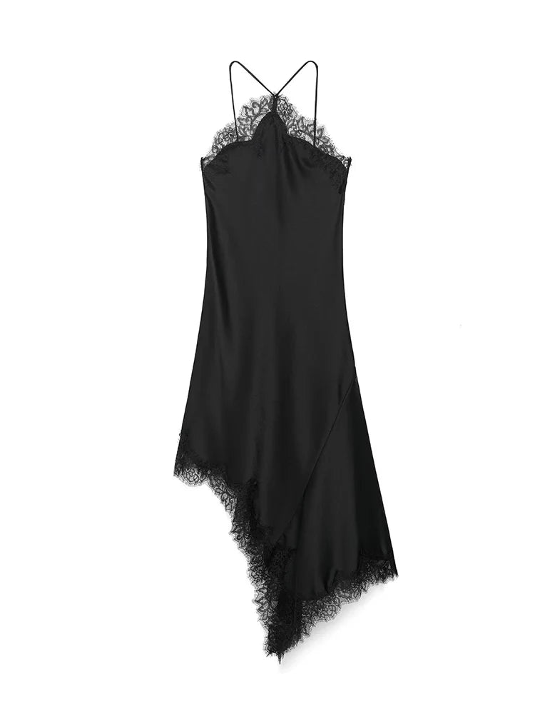2025 Sexy Lace Spliced Sling Dresses For Women Elegant Sleeveless Backless Irregular Hem Dress Lady Chic Holiday Party Wear
