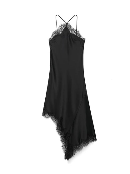 2025 Sexy Lace Spliced Sling Dresses For Women Elegant Sleeveless Backless Irregular Hem Dress Lady Chic Holiday Party Wear